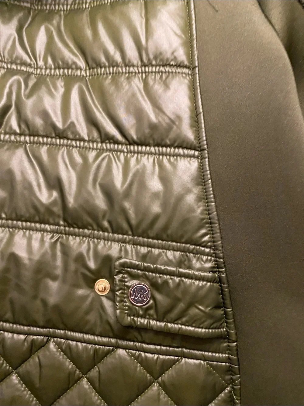 NWT Michael Kors Mixed Media Hooded Quilted Jacket Olive Green Plus Size 3X